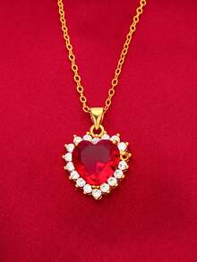 CHICVUE 1件女士优雅红色心形吊坠项链，不锈钢金色链条，适合作为情人节、母亲节、生日和圣诞节礼物 - 紅色 - 查看 7