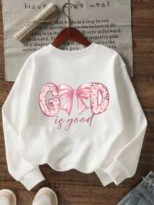 Tween Girl "GOD Is God" Slogan Print Crew Neck Long Sleeve Sweatshirt, Soft & Comfortable For Autumn/Winter - White - View 4