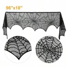 Halloween Fireplace Mantle Scarf - 96x18 Inch Black Lace Scarf With Spider Web, Bat & Spider Design, Lightweight Durable - Ideal For Haunted House, Party, Window, Dining Table Decor