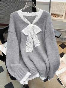 Loose V-Neck Gray Long Sleeve Sweater With Lace Patchwork And Bowknot, Suitable For Christmas, New Year, Commuting, And Dating