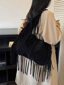 New Women's One Shoulder Underarm Crescent Moon Bag, Large Capacity Tote Bag, Fashion Street Style Tassel Decor, Chic Solid Color Suede Fabric, High-Quality Feel, Suitable For Travel, Shopping, Dating And Other Versatile Occasions