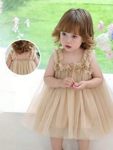 Baby Girls 3D Floral Strap Tulle Party Dress, Elegant Princess Dress Suitable For Girls, Babies, 1st Birthday, Gift, Banquet, Wedding Flower Girl, All Season