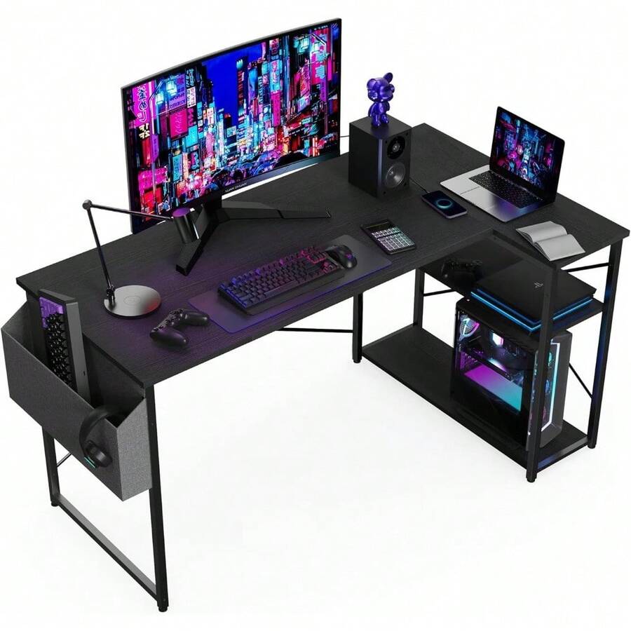 Escritorio de Esquina Ordenador - 120x70 cm Mesa en Forma L, Estantes de Almacenamiento, Esquina Reversible, Gaming Escritorio Mesa Gamer Desk para Estudio Trabajo Oficina Dormitorio Hogar - negro - Ver 1
