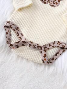 DILAVEL 3件套新生儿秋冬长袖连体衣套装，刺绣花卉图案，豹纹印花，圆领设计，适合户外穿着 - 米色 - 查看 4