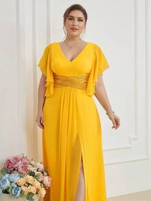 UNITHORSE Plus Size Bridesmaid Dress With Sequin Waist, Ruffle Hem And Side Slit, Chiffon - Yellow - View 7