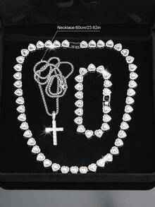 مجموعة مجوهرات كوبية على شكل قلب بطراز الهيب هوب - 3 قطع (قلادة وسوار)، مع قلادة من الفولاذ المقاوم للصدأ بشكل صليب، مجوهرات باردة، مناسبة للرجال والنساء، مناسبة للارتداء اليومي، الحفلات، هدايا عيد الميلاد/عيد الحب