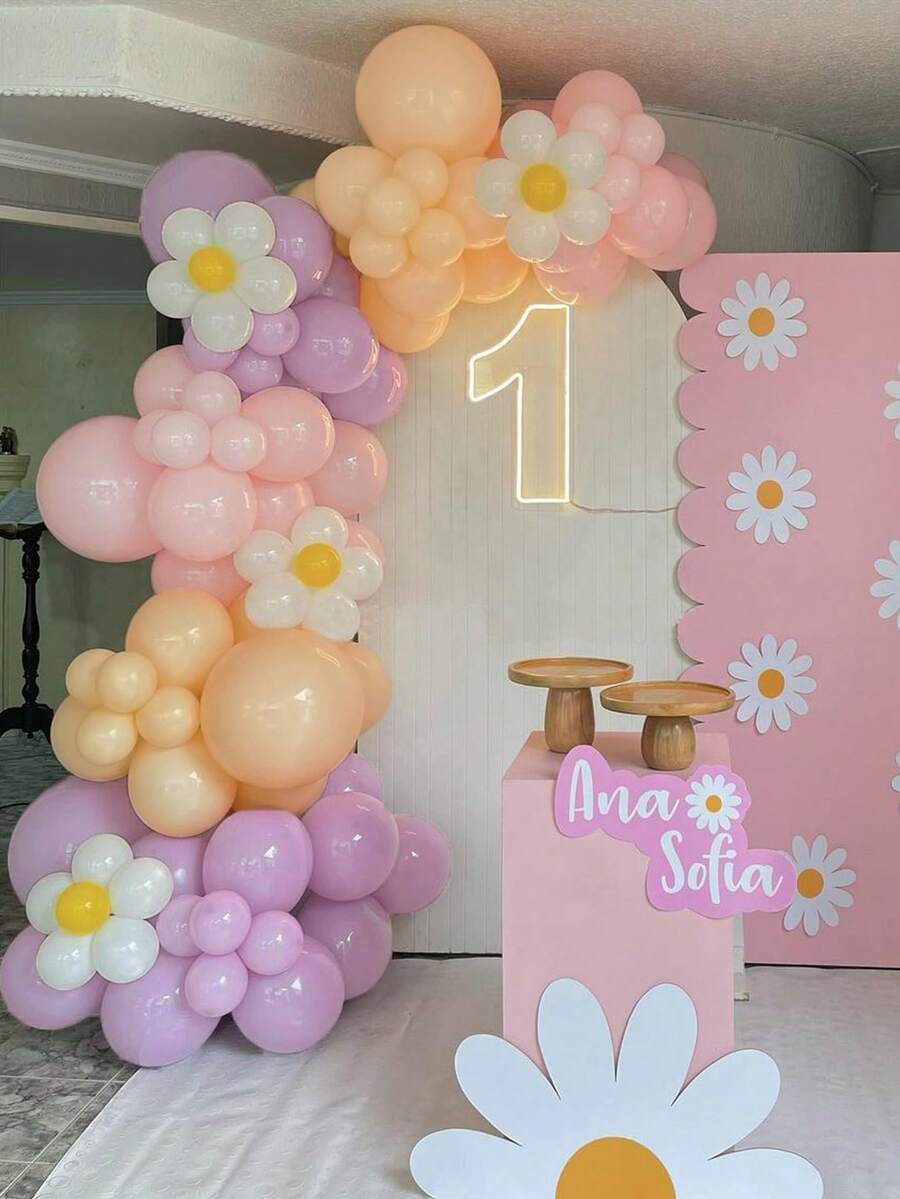 Bộ vòng hoa bóng bay màu hồng tím kem chủ đề hoa cúc trang trí tiệc sinh nhật lần thứ 1 cho bé gái tiệc tắm em bé lễ rửa tội trang trí sự kiện - Nhiều màu - Xem 1