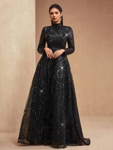 新款奢华高端亮片蕾丝女士优雅立领A字长裙，适合派对、宴会、盛会等正式晚宴穿着。 - 黑色 - 查看 3