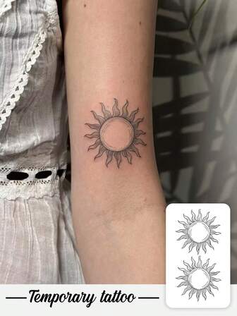 قطعة واحدة من ملصق الوشم المؤقت، مناظر طبيعية INS، رمز الشمس والطاقة، نمط رجعي وجمالي، مقاوم للماء والعرق وقابل للغسل، غير عاكس للضوء، وشم محاكي للذراع والكتف، مناسب للأشخاص الأنيقين