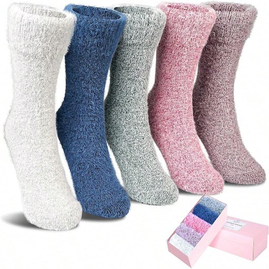 SISOSOCK 5 Pairs Fuzzy Soft Cozy Fluffy Socks Women, Casual Thick Plush Comfy Sleep Socks, Warm Winter Gifts Women - 多色-a - 查看 1
