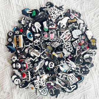 Random 10/30/50Pcs Black And White Series Shoe Charms For Sandals, Shoe Decoration Premium Quality Popular Charms Accessories Great Gift For Teens Men Women And Adults
