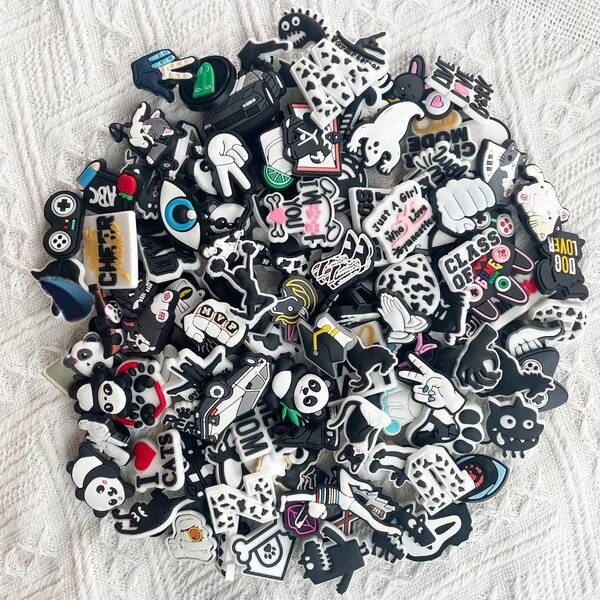 Random 10/30/50Pcs Black And White Series Shoe Charms For Sandals, Shoe Decoration Premium Quality Popular Charms Accessories Great Gift For Teens Men Women And Adults