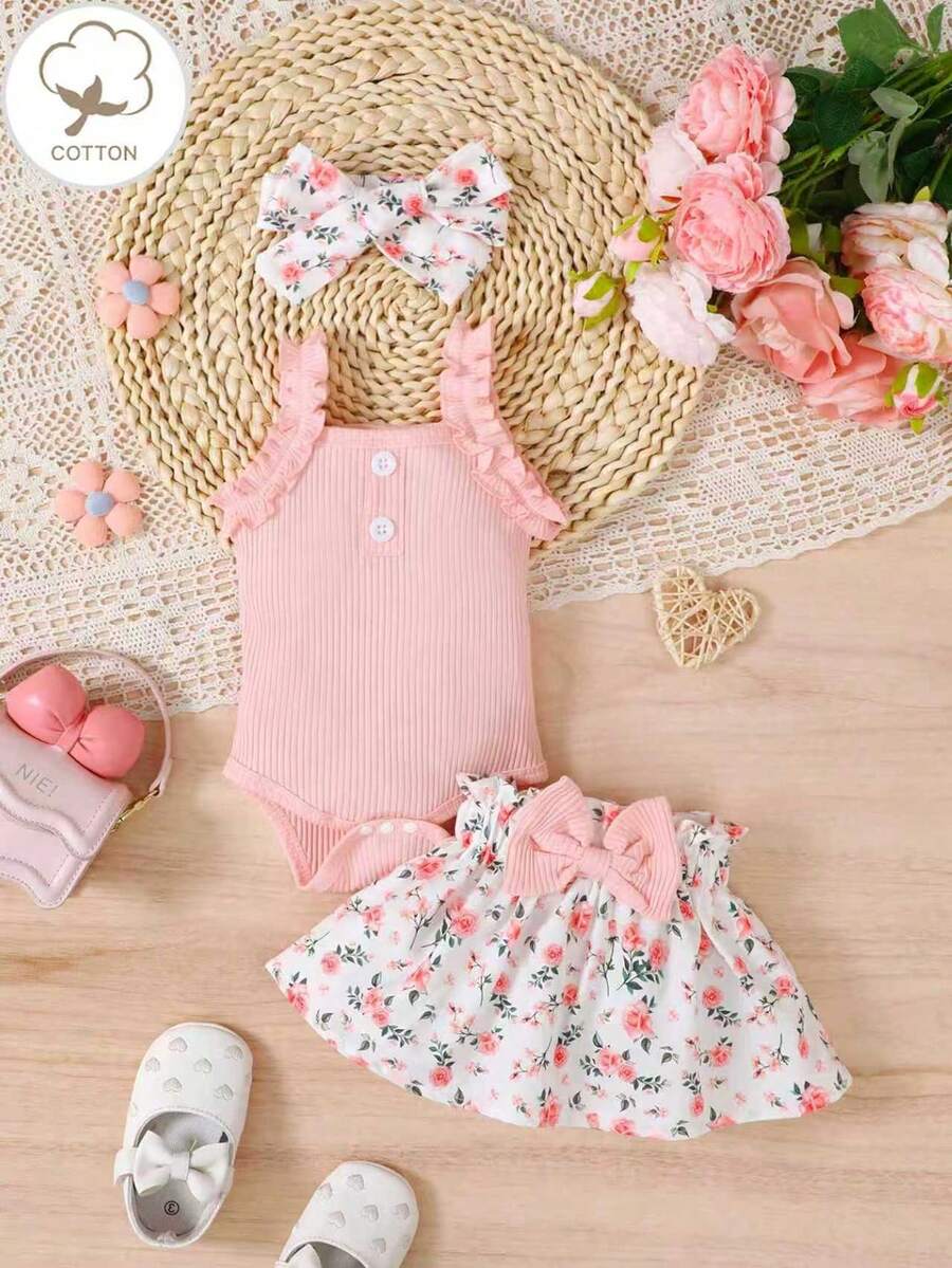 Baby Girl Sleeveless Solid Pink Top And Ruffle Trim Bowknot Shorts 2pcs Set, Casual Summer Outfit