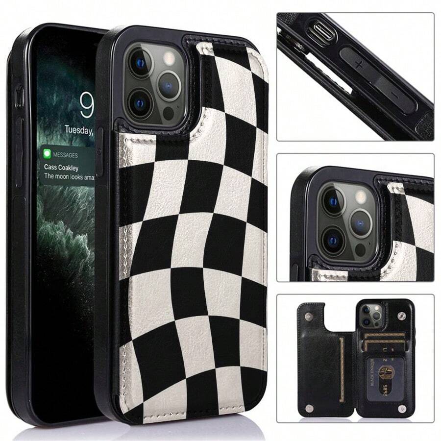 Wavy Checkered Flag Pattern Faux Leather Wallet Case For IPhone 17/16 Pro Max/15/14/13/12/11/ Galaxy Phone Cases|Slim Shockproof TPU With 3 Card Slots|Gift Idea- Replace Your Wallet - 黑色 - 查看 1