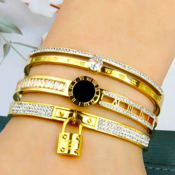 3pcs Women Jewelry Gift Set, Rhinestone Clover Flower Screw Lock Pendant Stainless Steel Bracelet