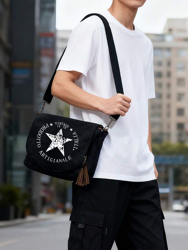 Vintage Star Print Crossbody Bag For Men, Shoulder Messenger Bag With Tassel, Small Retro Classic Design, Perfect For Travel, School, Commuting, Outdoor