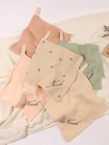 5pcs Customized Embroidered Name Baby Handkerchief Set, Pink, White, Coffee, Modigliani, Beige, Purple, Soft Absorbent Burp Cloths, Face Towels, Ideal Baby Shower Gift For Boys And Girls - Multicolor - View 8