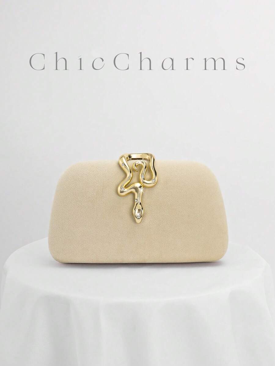 1 buah Tas Clutch Kecil Elegan Beludru Hitam, Dekorasi Rantai Berlian Imitasi, Kunci Kepala Ular, Tas Tangan Modis untuk Gaun Malam, Cocok untuk Makan Malam Formal, Pesta, Pernikahan, Koktail, Hadiah untuk Wanita