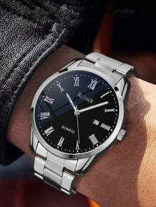 2pcs Simple And Casual Men's Quartz Watch Set, And Cool Silver-Toned Metal Watch With Matching Bracelet, Featuring A Silver-Toned Metal Strap Paired With A Cuban Chain Bracelet.