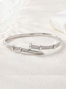 1pc Fashion Personalized Nail Bangle Bracelet For Women, Inlaid Synthetic Zirconia, Elegant Minimalist Style, Versatile Daily Accessory, Hot Selling
