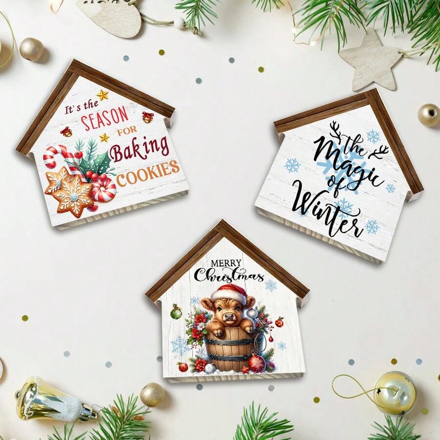 1pc Christmas Desktop Decor, House Shaped Wooden Block Design, Home Decor For Living Room And Bedroom, Office Desk Ornament, Christmas Gift, Home Decoration - Multicolor - View 1