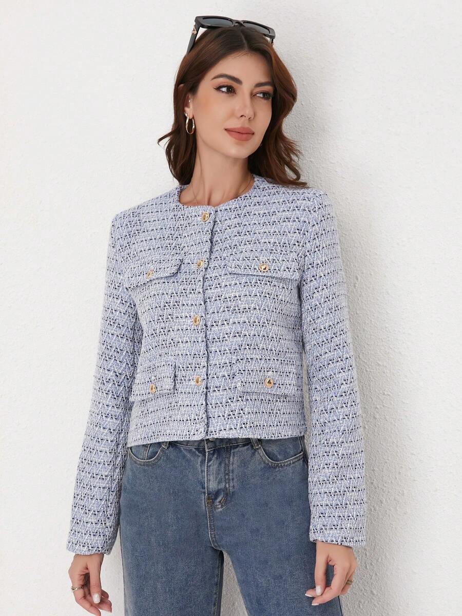 Áo khoác nữ TRAFZA thanh lịch, kiểu dáng thường ngày, chất liệu vải tweed, cổ tròn, tay dài, màu trơn, thích hợp cho mùa xuân.
