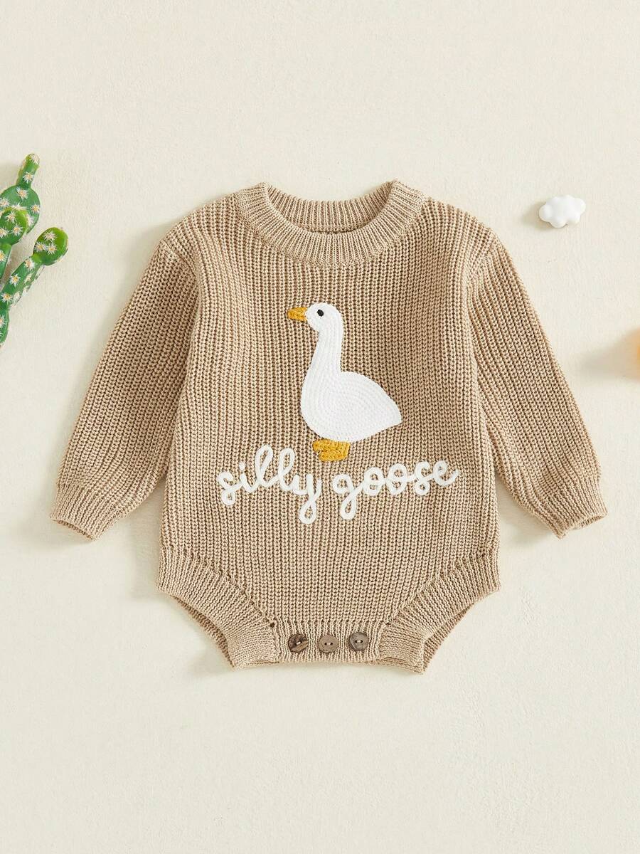 Pelele de punto para bebé, bonito mono de manga larga con cuello redondo y letras de ganso blanco con bordado - Caqui - Ver 1