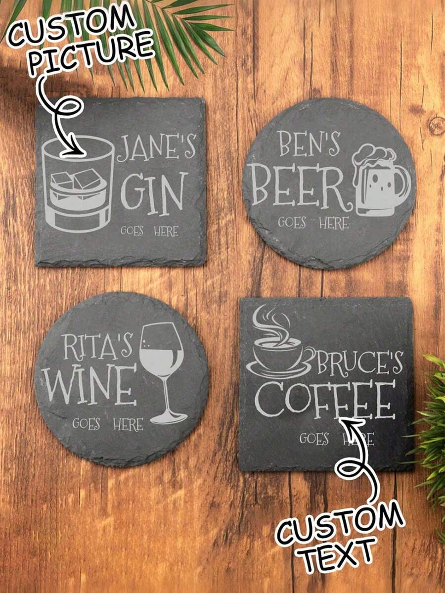 1Pc Personalized Stone Coaster, Personalised Your Drink Here,Custom Text And Drink Picture Ornament, Tea Coffee Gin Beer Wine Whisky Laser Engraved Gift,Unique Ideal Gifts For Him, Her,Boyfriend,Girlfriend,Dad,Mom,Family,Friends For Anniversaries,For Holiday Party,For Thanksgiving Day,For Graduation,For Weddings,For Halloween ,For Couples Gift, Wedding,Christmas - Multicolor - View 1