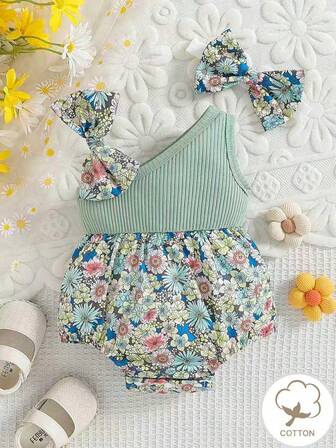 Baby Girl Summer Floral Spaghetti Strap Bodysuit With Bow Design & Headband, Green Crochet Pattern, Suitable For Countryside Outing