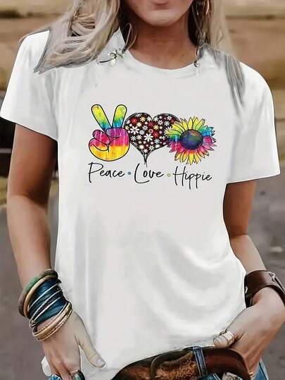 Women's Casual Short Sleeve T-Shirt - Peace Love Hippie Graphic Print With Peace Sign &Amp; Floral Design, Semi-Sheer Round Neck Summer Top, Machine Washable Regular Fit White Tee