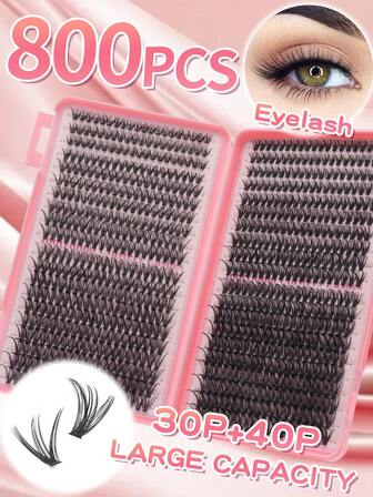 800簇自然柔软大容量假睫毛 30D/40D 高浓密 8-16mm 混合长度睫毛册 0.07mm 卷翘度 D 手工 DIY 睫毛嫁接 日常妆容/卡通角色扮演 升级礼盒包装 簇状假睫毛/单根假睫毛