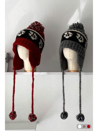 女士复古针织帽，秋冬新款保暖护耳帽，百搭可爱针织帽，小众帽，适合大头围，复古针织帽适合大脸，费尔岛毛球针织帽，秋冬户外旅行拍照复古针织帽