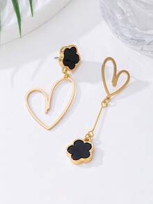 1 Cặp bông tai hình trái tim và hoa năm lá màu đen bất đối xứng sang trọng, quà tặng trang sức thời trang cho sinh nhật, kỷ niệm, hẹn hò - màu đen - Xem 2