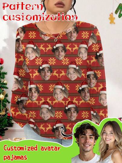 Printstory Customized Plus Size Women Pajamas, Personalized With Family Member, Pet, Cartoon, Christmas Themed Graphic Designs, Interesting Patterns, Holiday Gift, Long Sleeve Crew Neck Loungewear