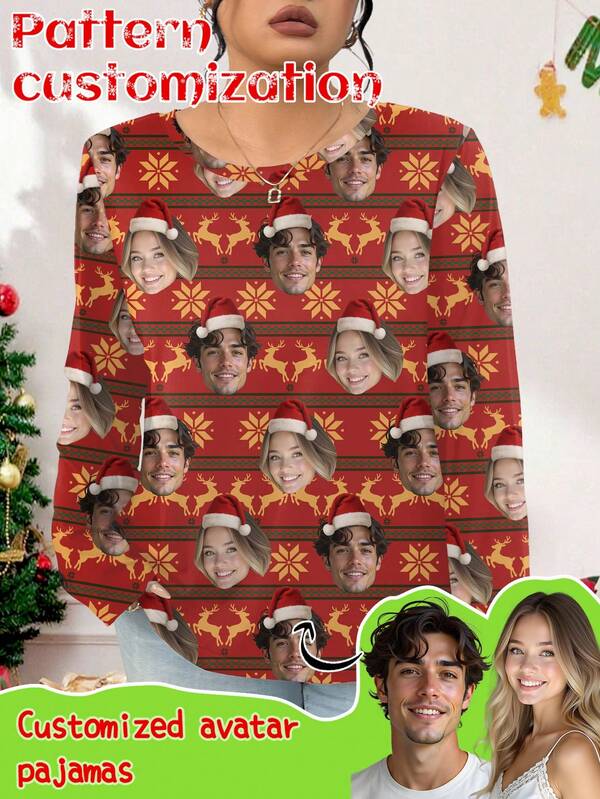 Customized Plus Size Women's Pajamas, Personalized With Male/Female Portrait, Children, Pets, Cartoon, Christmas Designs, Festive Graphic Prints, Holiday Gifts, Long Sleeve Crew Neck Loungewear Top, Winter