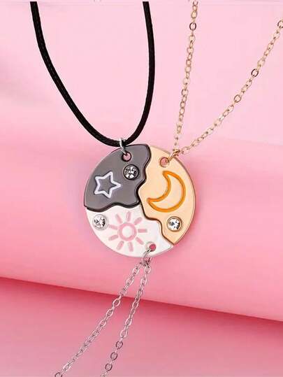 3pcs/Set New Sun Moon Star Necklace, Best Friends Forever BFF Charm Necklace, Women Fashion Splice Multicolor Choker Necklace, Party Gift, Stylish Personalized Party Gift Suitable For Men And Women