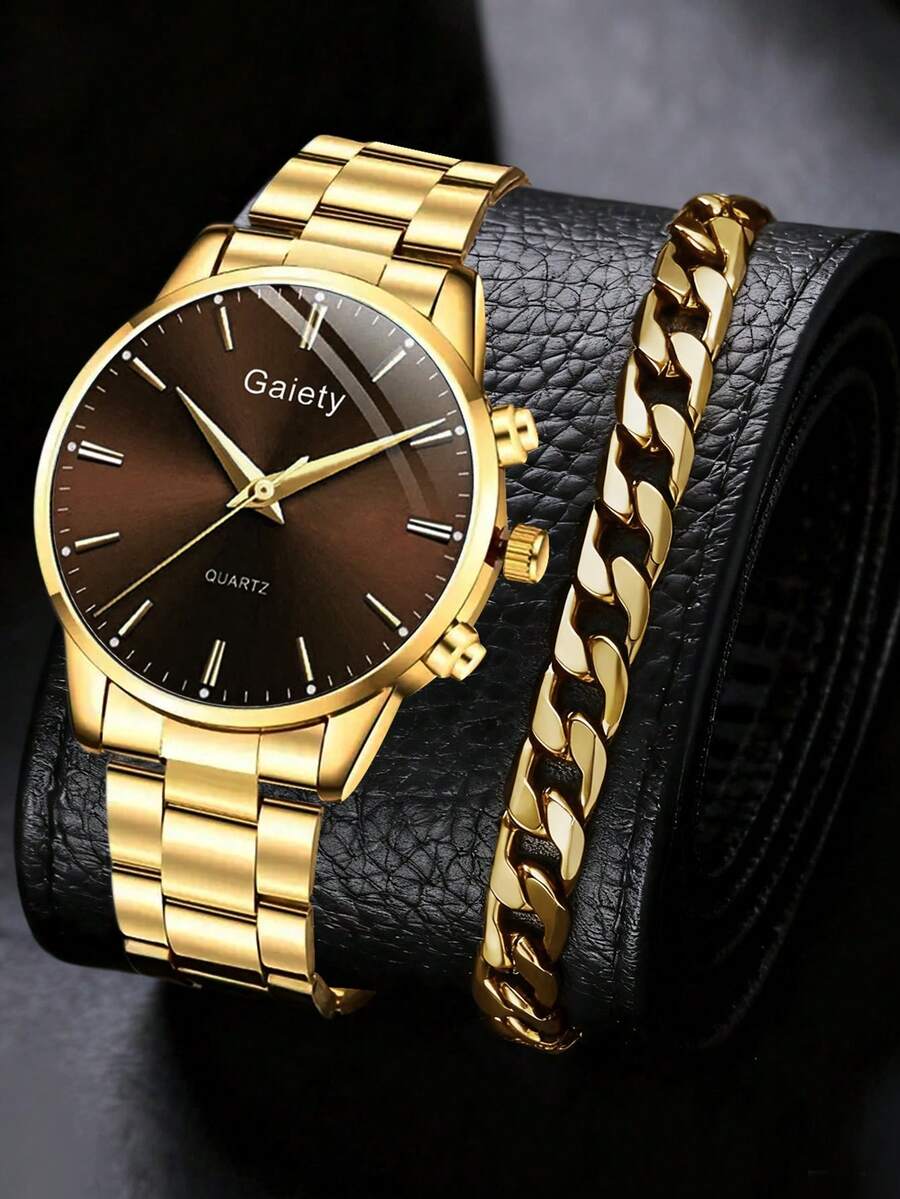 2pcs/Set Men's Gold Tone Strap Casual Business Minimalist Bar Marker Quartz Watch & Bracelet Set, Suitable For Daily Wear, Decoration Or Holiday Gift - Gold - View 1