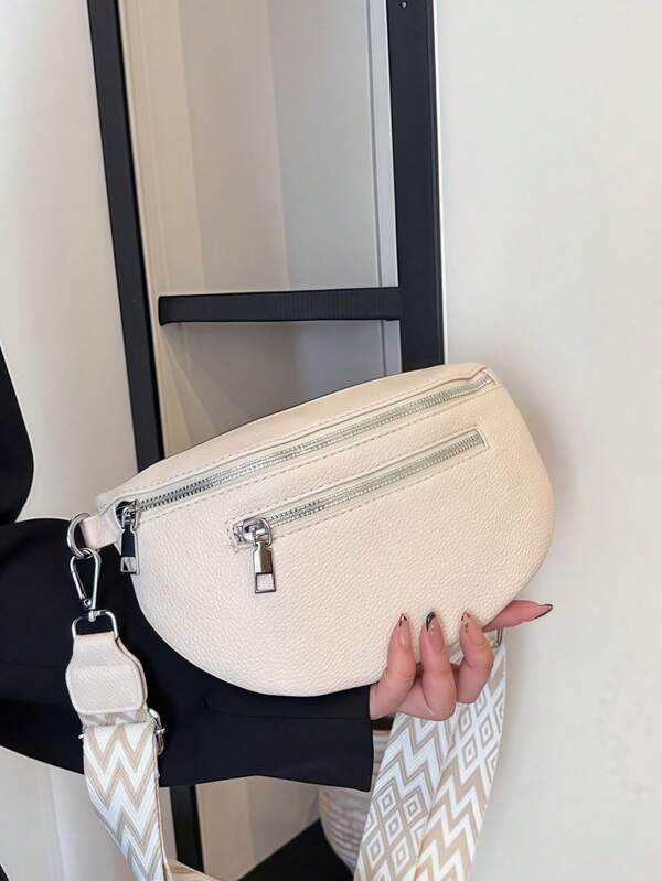 حقيبة صدر بسيطة من قماش البولي يوريثان ذات نمط هندسي لؤلؤي بيج، ذات حزام عريض وسعة كبيرة، حقيبة رسول عصرية مناسبة للنساء للاستخدام اليومي والتنقل والتسوق والخروجات والسفر والشاطئ، بتصميم كلاسيكي مرن وشخصي.