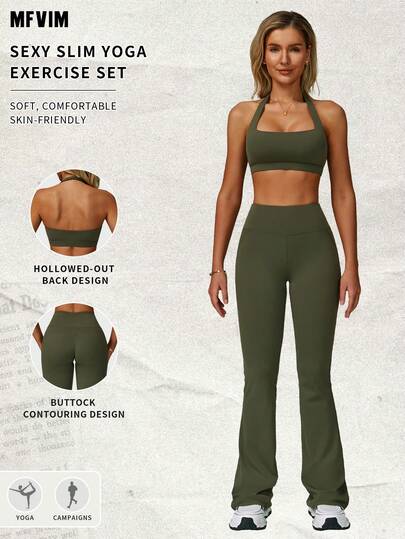 MFVIM Set de 2 piezas de top sin mangas con cuello halter y espalda descubierta, y pantalones acampanados de cintura alta, conjunto de ropa deportiva de verano para mujer