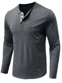 Plus Size Men's Casual Henley Long Sleeve T-Shirt, Spring/Autumn - Dark Grey - View 4