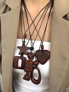 1 pieza Collar ajustable de estilo vintage minimalista bohemio con forma de corazón, estrella, cuadrado, redondo y caramelo de madera, lindo y elegante para mujeres, adecuado para uso diario, viajes, fiestas, superposición, regalo perfecto (longitud ajustable)