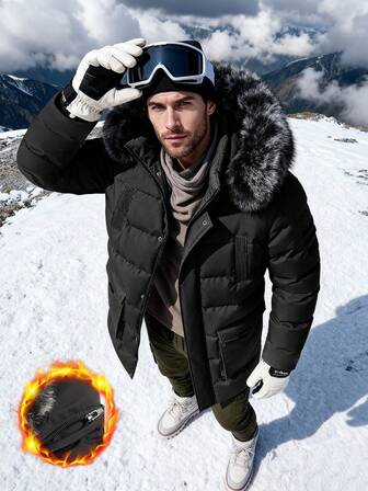 Chaqueta acolchada con capucha desmontable y cuello de piel para hombre, de longitud media y grosor, chaqueta casual con cremallera y bolsillos laterales grandes, adecuada para uso diario al aire libre en invierno, forro polar