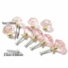 8pcs Pink Quartz Color Cabinet Knobs, Brushed Brass Dresser Knobs, Dresser Hardware Suitable For Wardrobe, Closet And Cabinet Round Vintage Drawer Pulls - Pink - View 4