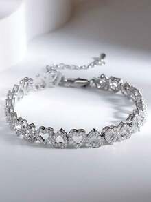 1pc Luxury Heart-Shaped Cubic Zirconia Chain Bracelet, Women's Gold-Plated Bracelet, Suitable For Party, Birthday, Travel Wear, Can Be Given As A Gift To Girlfriend, Friend Or Wife - Bracelet - View 4