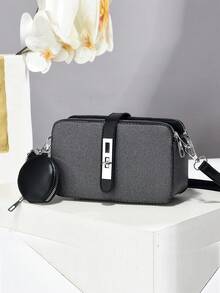 2 件套 PU 格子手提包，优雅时尚手提包，配有零钱包和卡夹，多功能大容量斜挎包，时尚设计新款格子包小方包手提包斜挎包百搭休闲多层大容量带配饰可单肩背或斜挎包新款时尚女士手提包单肩斜挎包拼色包休闲奢华大容量可单肩背或斜挎包时尚包包 - 黑色 - 查看 6