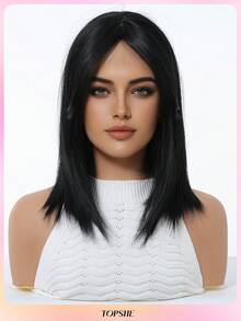 TOPSHE elegante gerade Perücke für Frauen, schwarze 14-Zoll Rosennetzkappe, hitzebeständige Kunstfaser, stufiger Stil hitzeresistente synthetische Flechtperücke, Perücken-Accessoires, für Alltag, Party, Cosplay