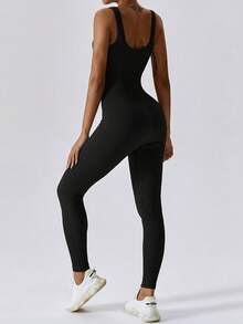Yefecy Women Workout Seamless Jumpsuit Yoga Ribbed Bodycon One Piece Square Neck Leggings Romper - màu đen - Xem 2
