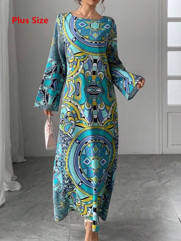 Plus Size Women's Luxury Round Neck Long Sleeve Loose Elegant Breathable Casual Resort Style Maxi Dress, Robe, Formal Gown, Traditional Arabic Clothing, Holiday Dress, Evening Gown, New Dress, Autumn/Winter