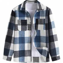 Men's Plaids Long Sleeve Button Down Lightweight Flannel Shacket Wool Blend Casual Shirt With Pockets, Vintage-Inspired Style - Màu xanh lam đậm kẻ sọc - Xem 1