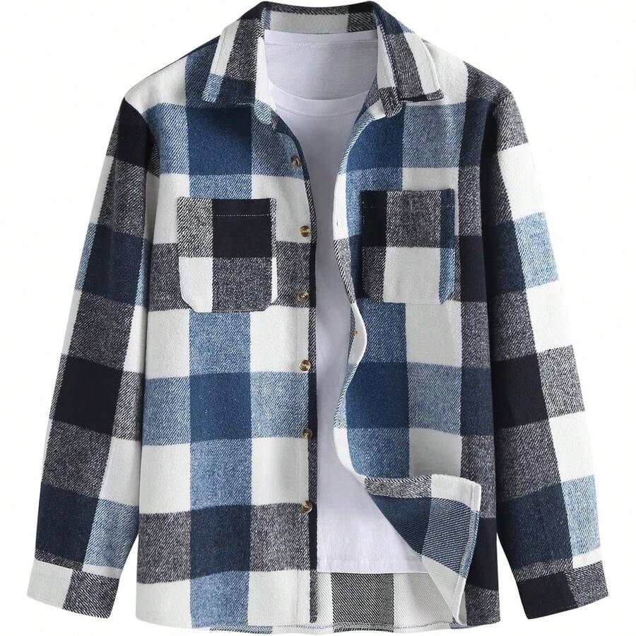 Men's Plaids Long Sleeve Button Down Lightweight Flannel Shacket Wool Blend Casual Shirt With Pockets, Vintage-Inspired Style - Màu xanh lam đậm kẻ sọc - Xem 1